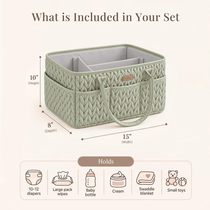 Konssy Baby Diaper Caddy Organizer, Braided Quilted Design with PU Handles - Braided Sage - image 2