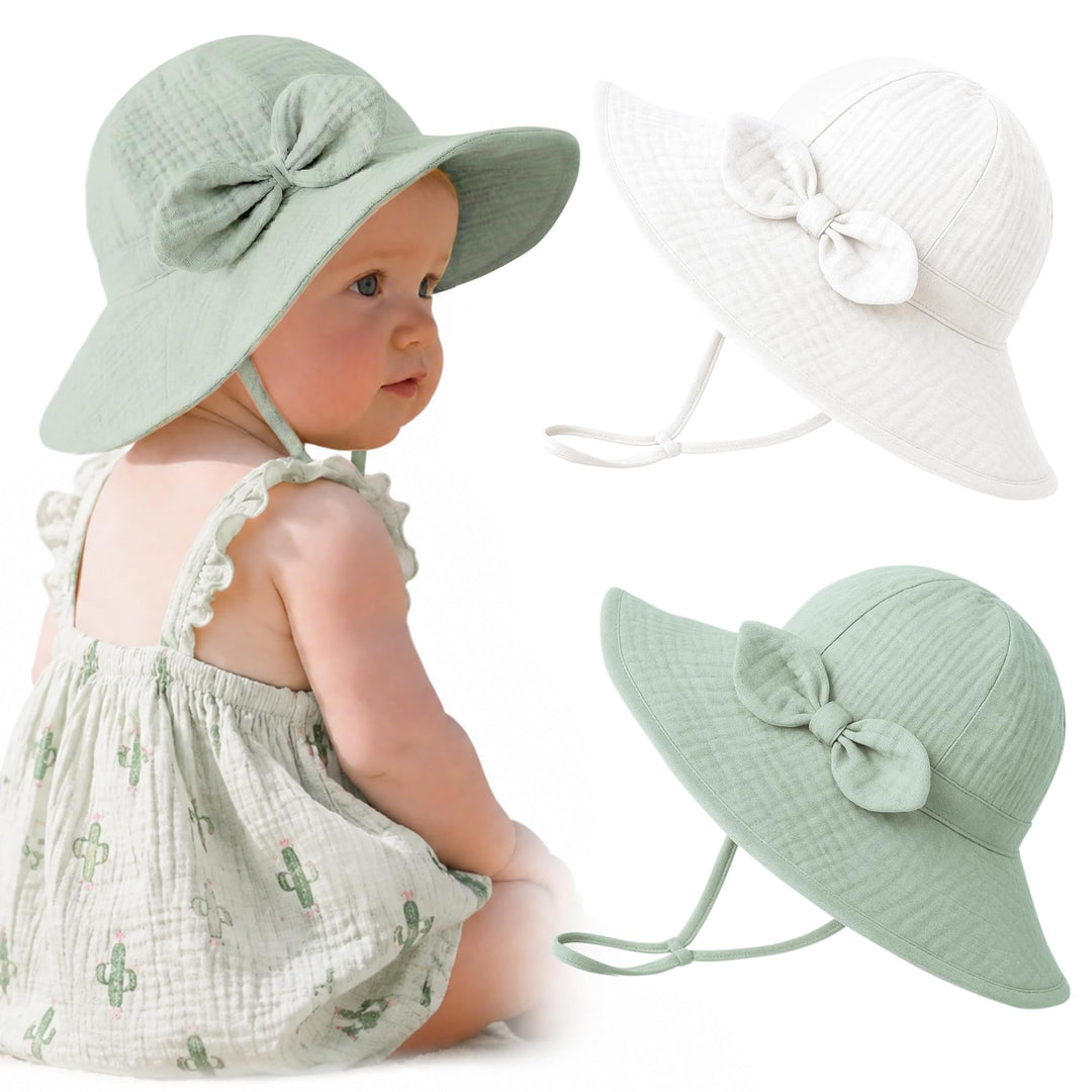 Konssy 2-Pack Muslin Baby Sun Hats for Girls with Bows, UPF 50+ - White Green - image 1