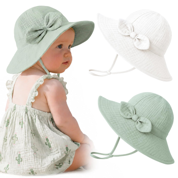 Konssy 2-Pack Muslin Baby Sun Hats for Girls with Bows, UPF 50+ - White Green - image 1