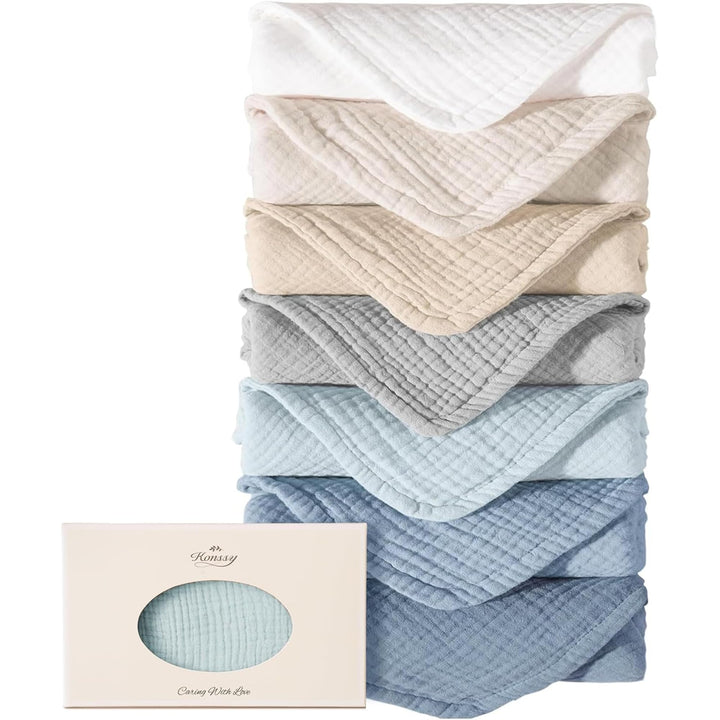 Konssy 7-Pack Muslin Baby Burp Cloths, 6-Layer 100% Cotton - Blue - image 1