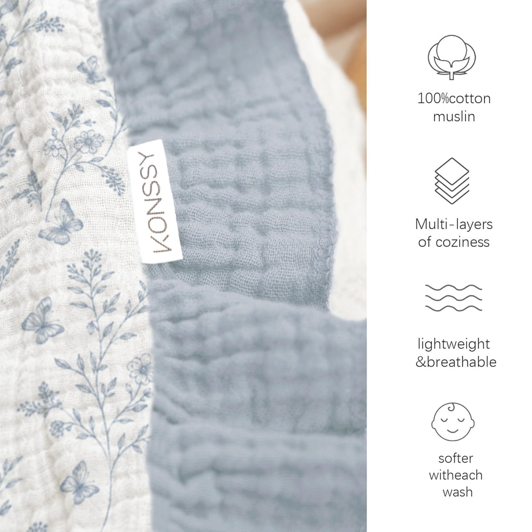 Konssy 100% Cotton Muslin Baby Blanket with Ruffle Trim for Girls, 43"x39" - Blue Garden - image 3