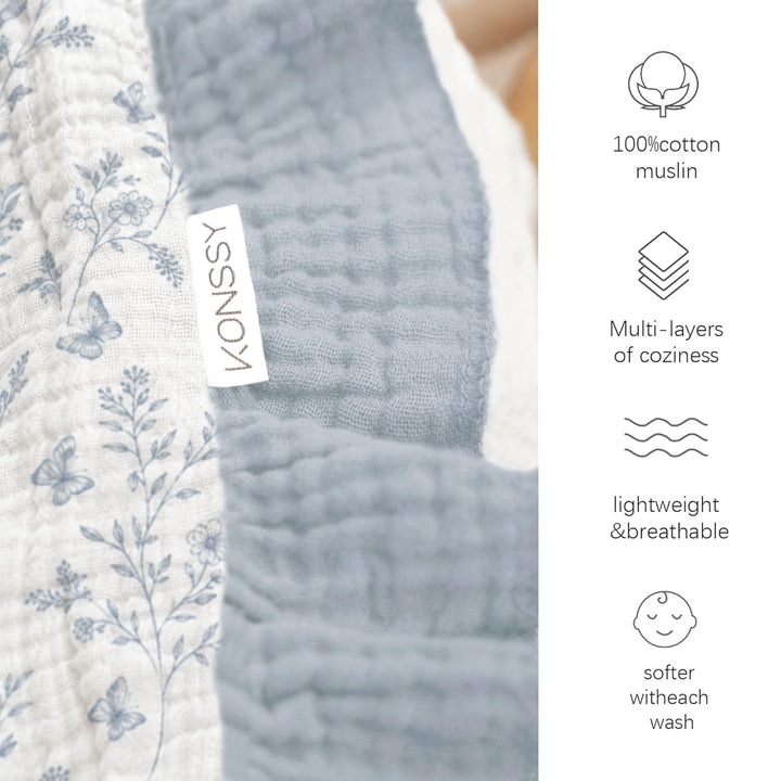 Konssy 100% Cotton Muslin Baby Blanket with Ruffle Trim for Girls, 43"x39" - Blue Garden - image 3