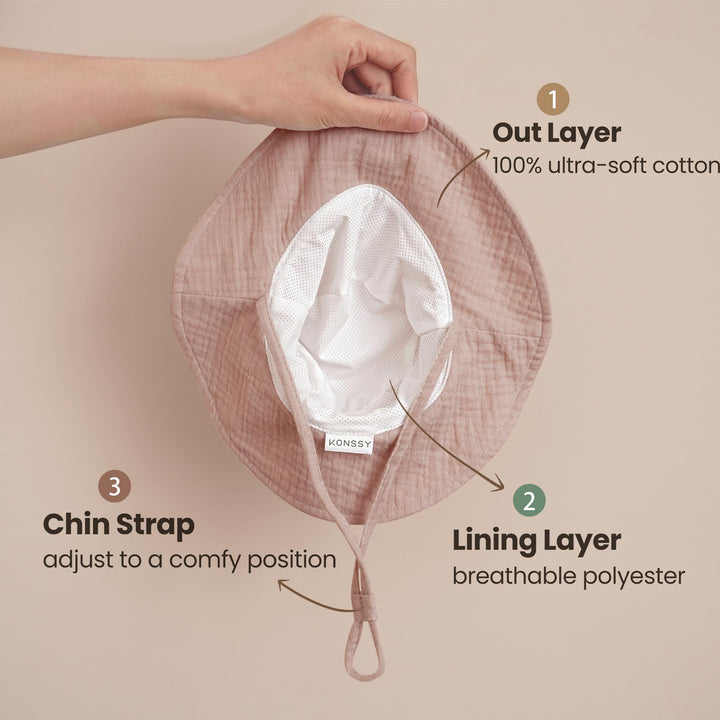 Konssy 2-Pack Muslin Baby Girl Sun Hats with Wide Brim, UPF 50+, 0-6& 6-12M - Soft Blooms-taupe - image 2