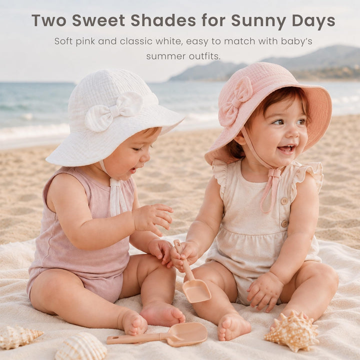 Konssy 2-Pack Muslin Baby Sun Hats for Girls with Bows, UPF 50+ - White Pink - image 4