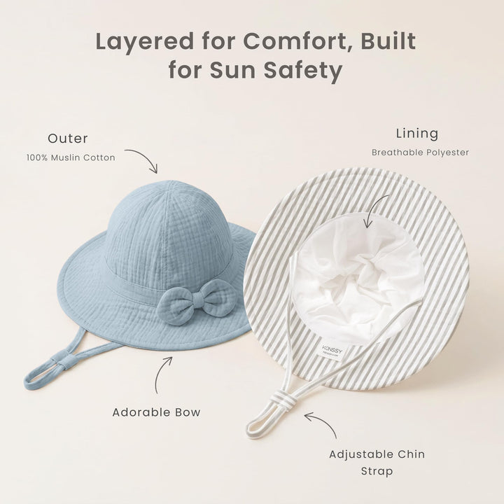 Konssy 2-Pack Muslin Baby Sun Hats for Girls with Bows, UPF 50+ - Grey Stripe Blue - image 6
