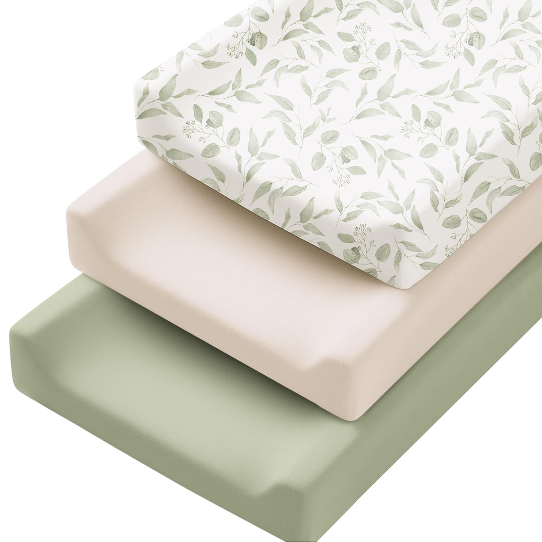 Konssy 3 Pack Stretchy Changing Pad Covers, 32"x16" Changing Table Sheets - Green Leaves - image 1