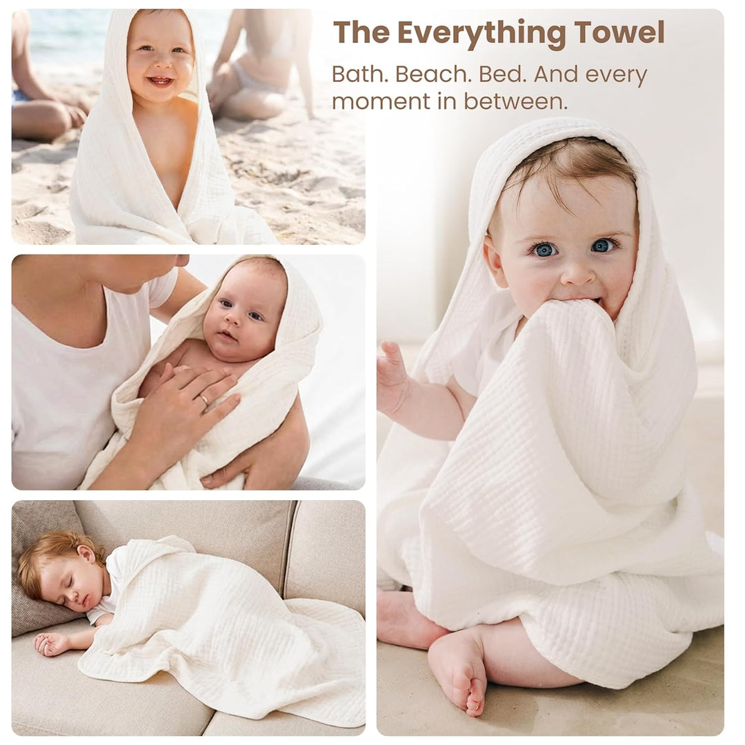 Konssy 2-Pack Muslin Hooded Baby Towels, 100% Cotton, Ultra-Soft & Absorbent Baby Bath Towels with Hood for Newborn & Infant