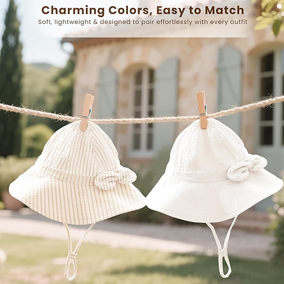 Konssy Muslin Baby Sun Hat 2-Pack, UPF 50+ Sun Protection Wide Brim Summer Beach Hat, Bucket Hat for Girls and Boys