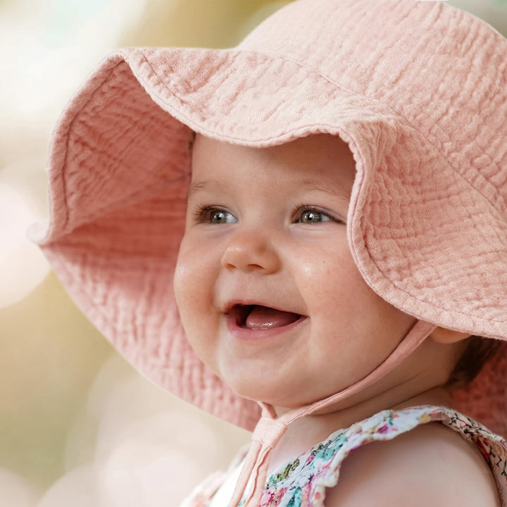 Konssy 2-Pack Muslin Baby Girl Sun Hats with Wide Brim, UPF 50+, 0-6& 6-12M - Pink-floral - image 4