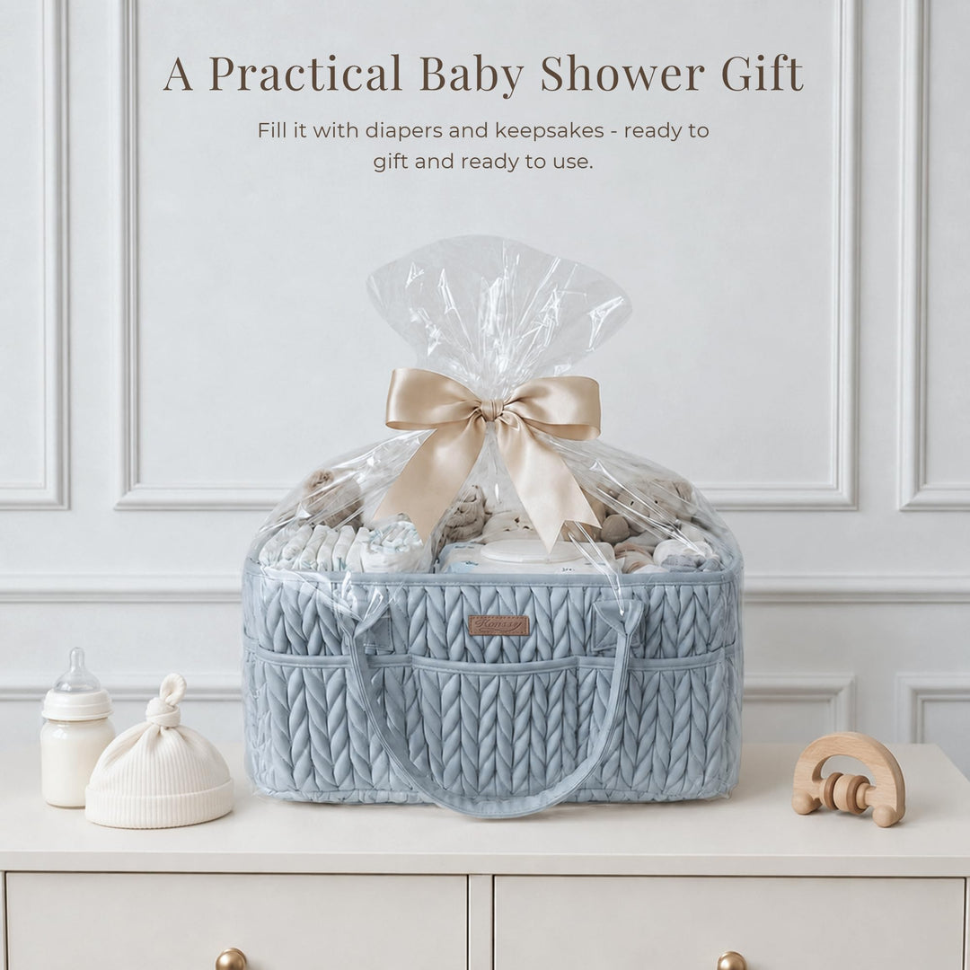 Konssy Baby Diaper Caddy Organizer, Braided Quilted Design with PU Handles - Braided Blue - image 7