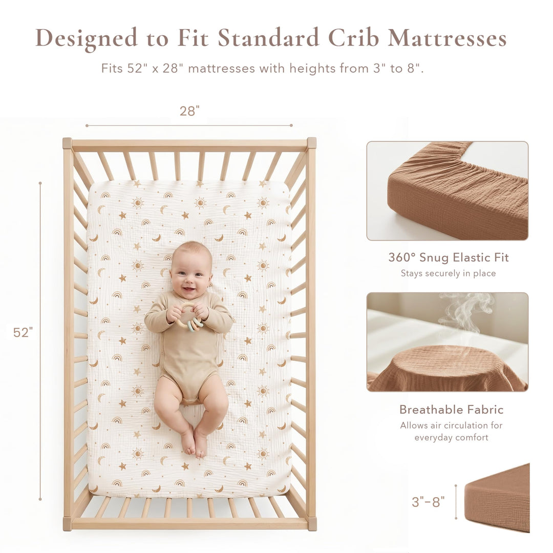 Konssy Muslin Crib Sheets for Girl Boy, 2 PCS Soft and Breathable Cotton Baby Sheets for Standard Crib Mattress, 52"x 28" (Sunbeam Yellow, Coffice) - Sunbeam Yellow, Coffice - image 2