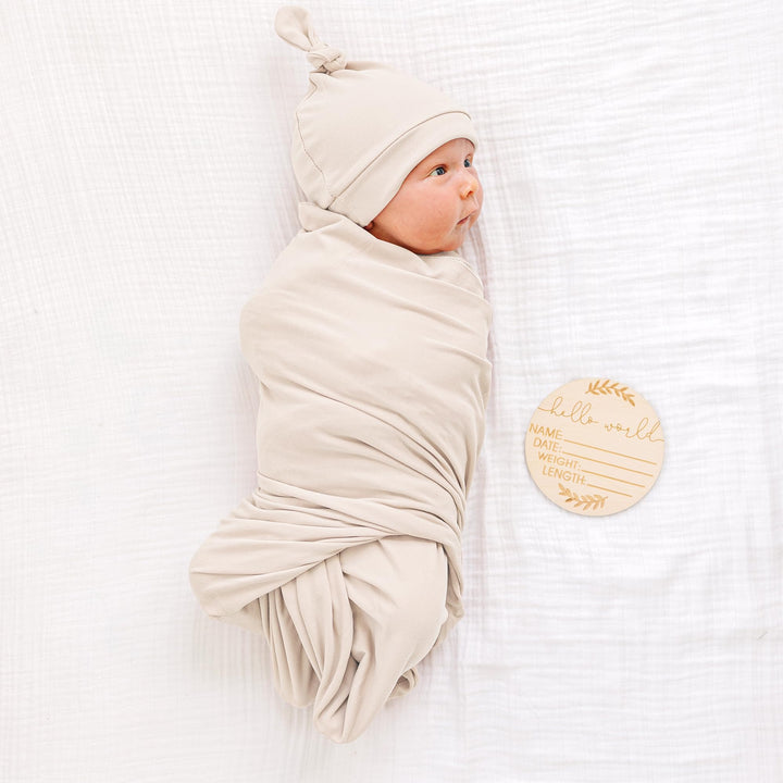 Konssy Newborn Swaddle Blanket with Beanie Hat Set, Baby Receiving Blanket - Beige - image 2