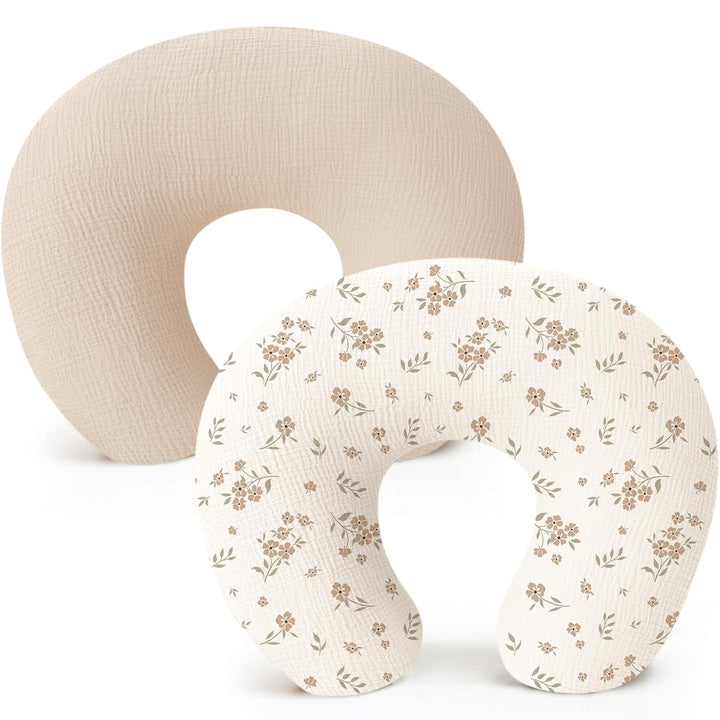 Konssy 2-Pack Muslin Nursing Pillow Covers, Floral Soft Slipcover for Baby Covers Only, 100% Cotton, Hidden Zipper, Washable, Breastfeeding Pillows Covers for Newborn Boys & Girls
