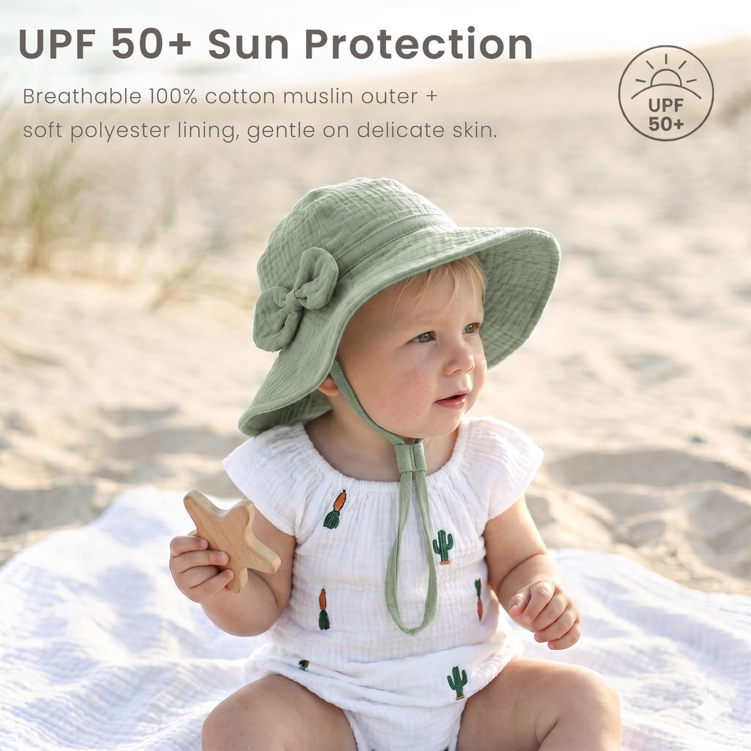 Konssy 2-Pack Muslin Baby Sun Hats for Girls with Bows, UPF 50+ - White Green - image 2