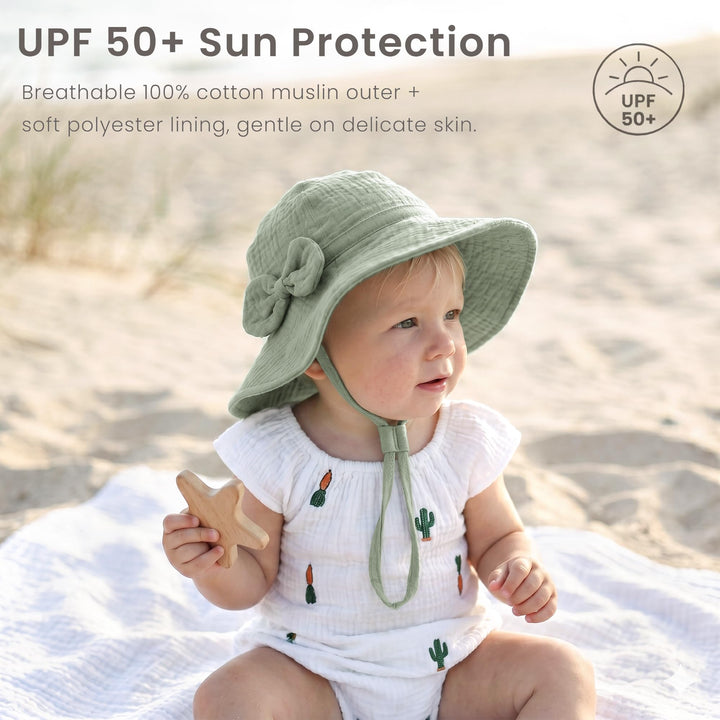 Konssy 2-Pack Muslin Baby Sun Hats for Girls with Bows, UPF 50+ - White Green - image 2