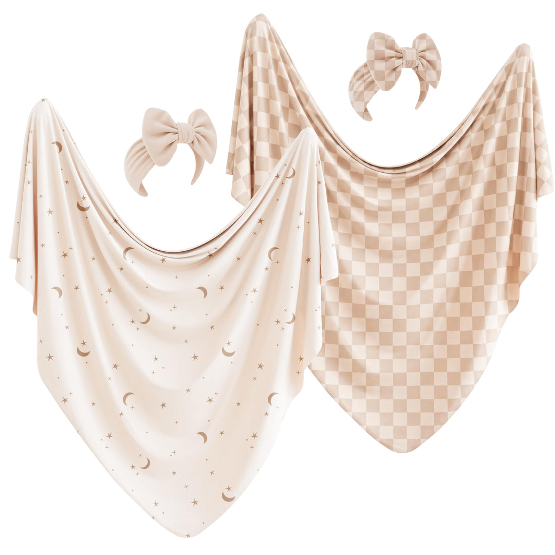 Konssy 2-Pack Stretchy Swaddle Blankets, Baby Receiving Blankets, 41"x41" - Moon, Coffee Check - image 1