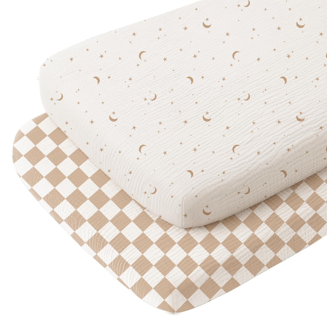 Konssy 2 Pack Muslin Bassinet Sheets for Baby Girls Boys, 33"x21" - Coffee Check,Moon - image 1