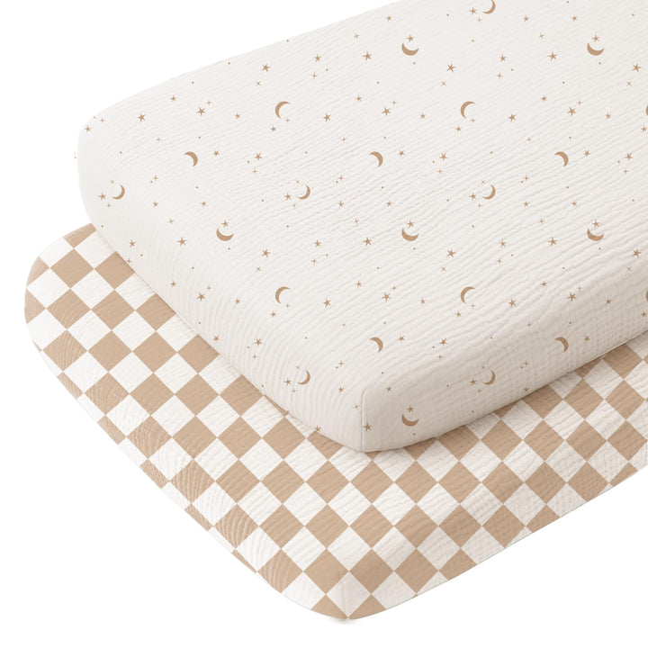 Konssy 2 Pack Muslin Bassinet Sheets for Baby Girls Boys, 33"x21" - Coffee Check,Moon - image 1