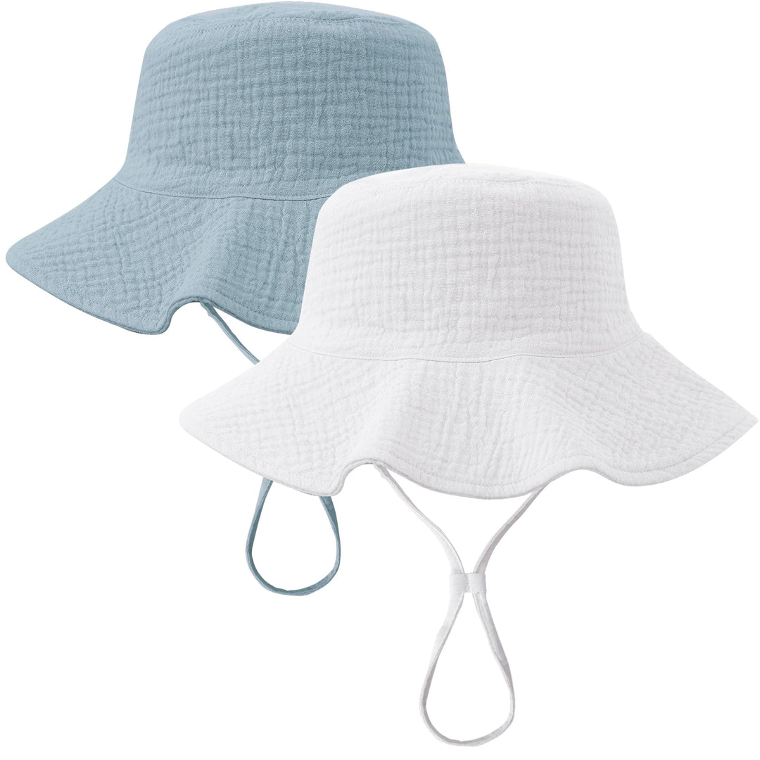 Konssy 2-Pack Muslin Baby Girl Sun Hats with Wide Brim, UPF 50+, 0-6& 6-12M - Blue-white - image 1