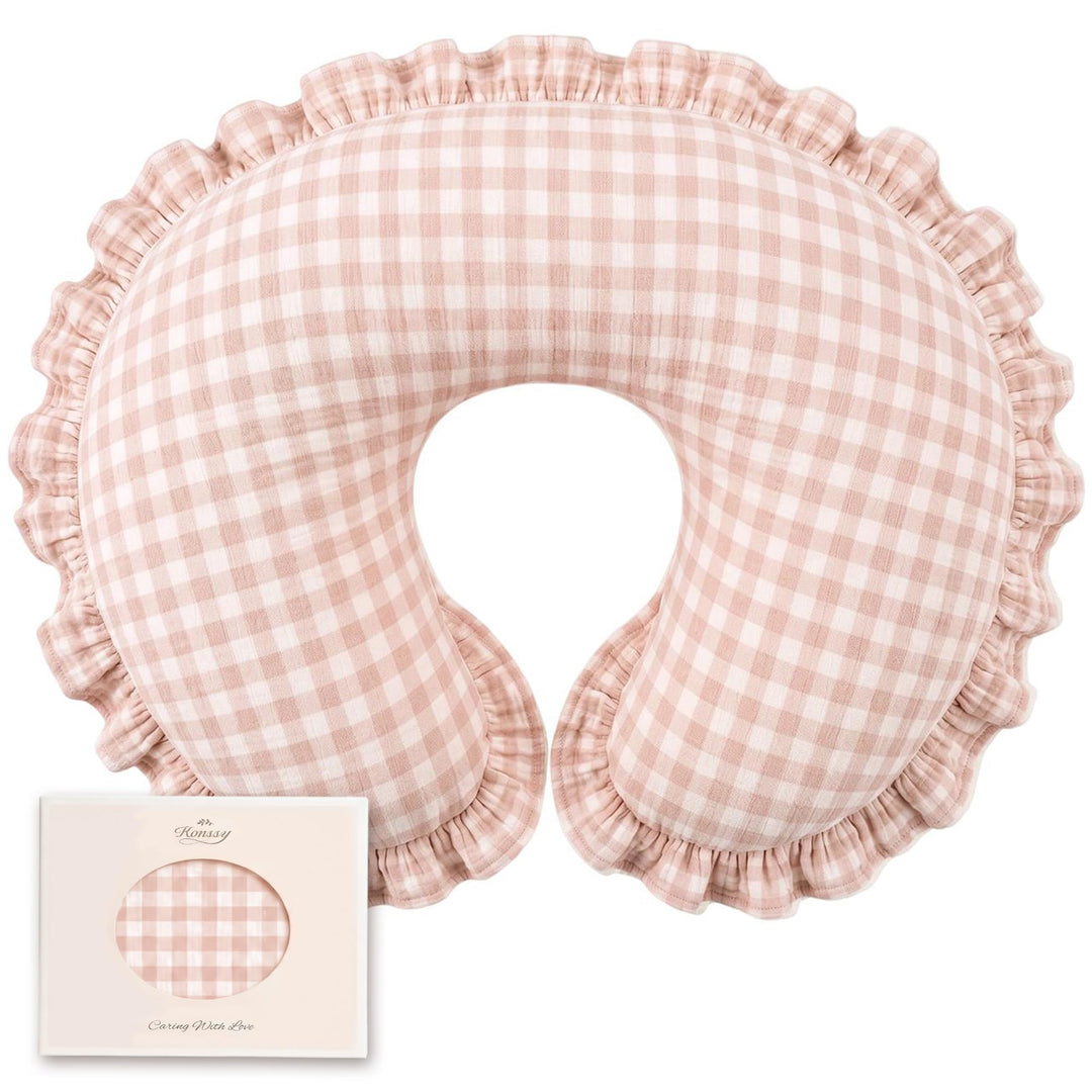 Konssy 100% Muslin Cotton Soft Nursing Pillow Cover with Ruffle Trim - Pink Check - image 1
