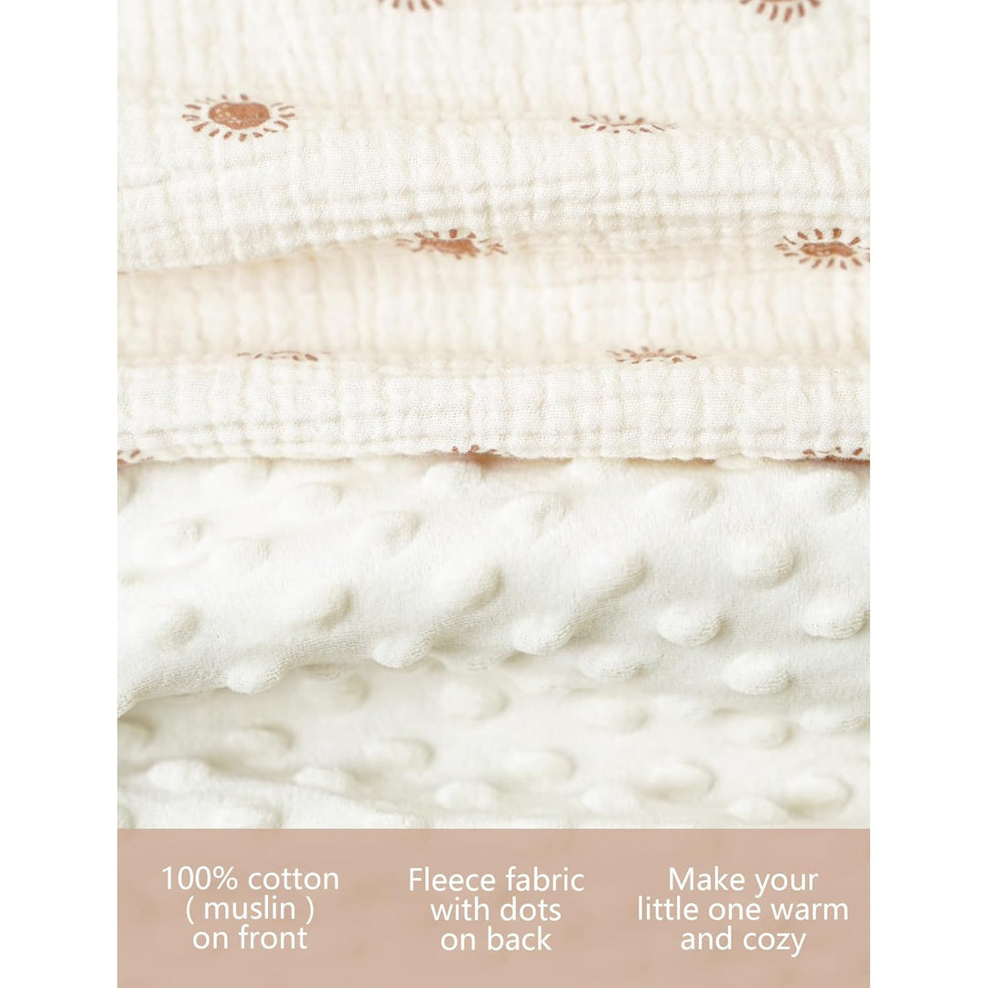 Konssy Baby Blankets for Unisex Boys Girls, Super Soft Nursery Minky Blankets with Muslin Cotton Front and Dotted Fleece Backing, Printed Bed Throws Newborn