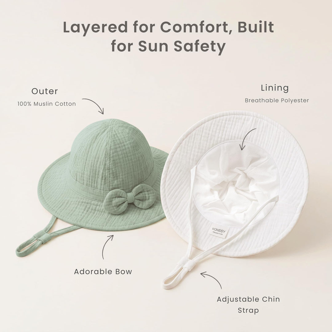 Konssy 2-Pack Muslin Baby Sun Hats for Girls with Bows, UPF 50+ - White Green - image 6