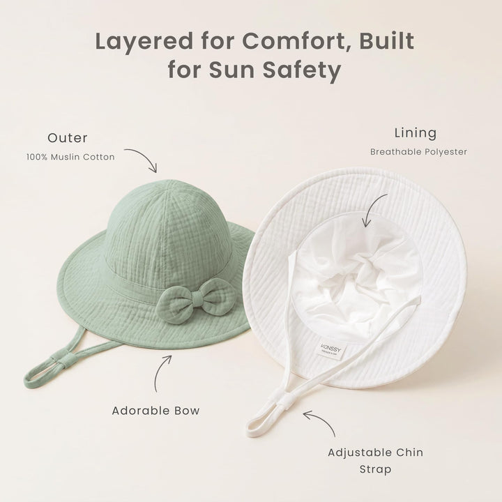 Konssy 2-Pack Muslin Baby Sun Hats for Girls with Bows, UPF 50+ - White Green - image 6
