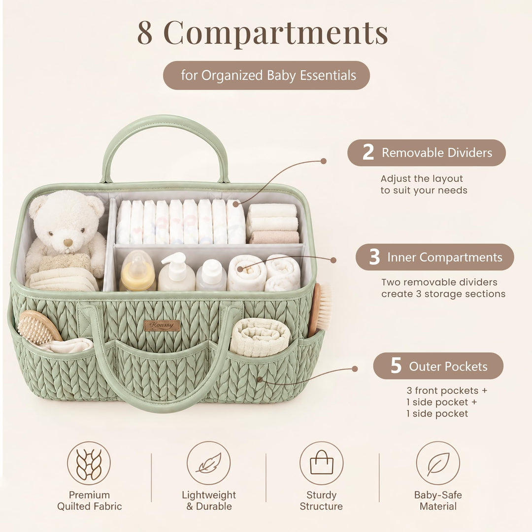 Konssy Baby Diaper Caddy Organizer, Braided Quilted Design with PU Handles - Braided Sage - image 4