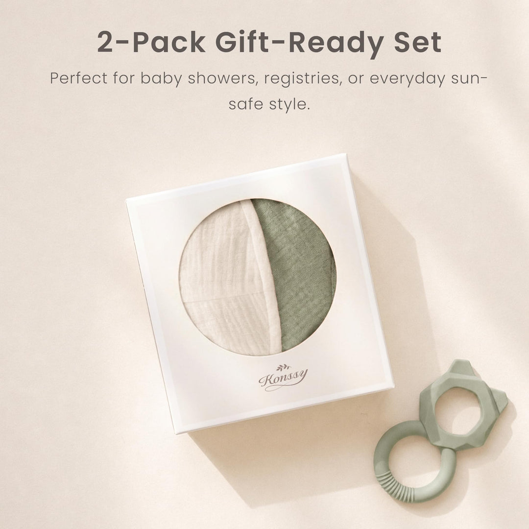 Konssy 2-Pack Muslin Baby Sun Hats for Girls with Bows, UPF 50+ - Cream Fog Green - image 8