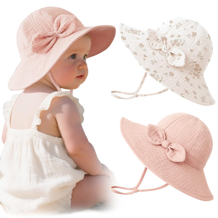 Konssy 2-Pack Muslin Baby Sun Hats for Girls with Bows, UPF 50+ - Blossom Pink - image 1