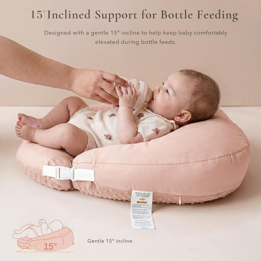 Konssy Nursing Pillow for Breastfeeding and Bottle Feeding, Safety Guard Baby Feeding Pillow, Gentle Incline, Waist Strap, Side Pocket for New Moms Home and Travel