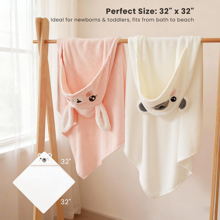 Konssy 2-Pack Hooded Baby Towels, Plush Fleece Animal Bath Towel with Hood - Pink Rabbit,Bear - image 4