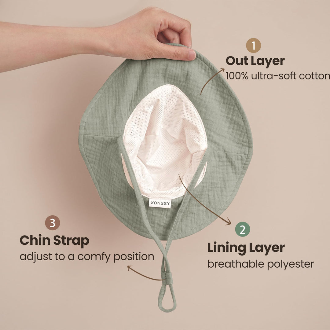 Konssy 2-Pack Muslin Baby Girl Sun Hats with Wide Brim, UPF 50+, 0-6& 6-12M - Fog Green-Cream - image 3