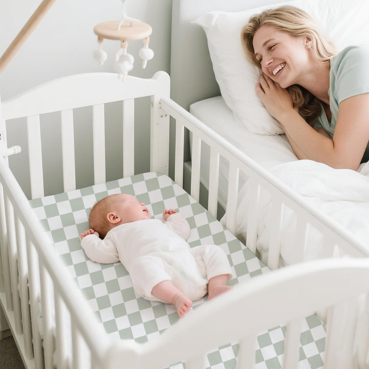 Konssy 2 Pack Muslin Bassinet Sheets for Baby Girls Boys, 33"x21" - Green Dino,Green Plaid - image 2