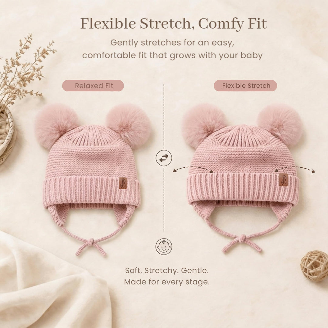 Konssy 2 Pack Baby Beanie Hat with Ear Flaps, Newborn Winter Hat 0-6 Months - Deep Wheat Apricot, Light Apricot - image 3