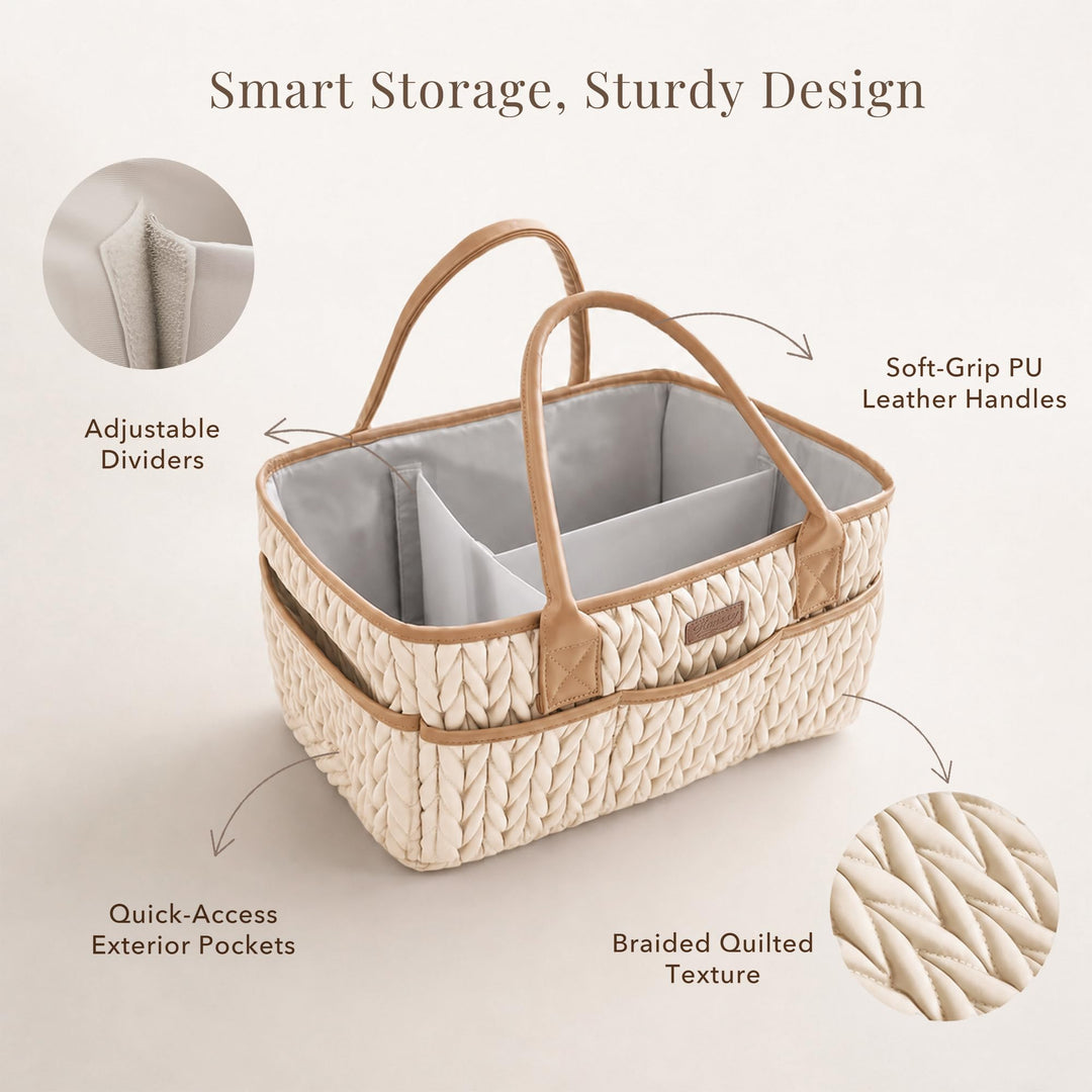 Konssy Baby Diaper Caddy Organizer, Braided Quilted Design with PU Handles - Braided Brown - image 3