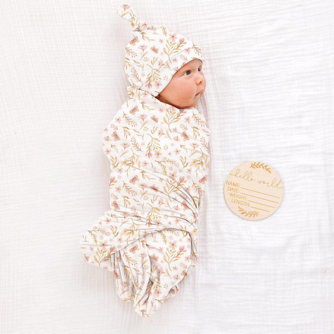 Konssy Newborn Swaddle Blanket with Beanie Hat Set, Baby Receiving Blanket - Pink Spring - image 2