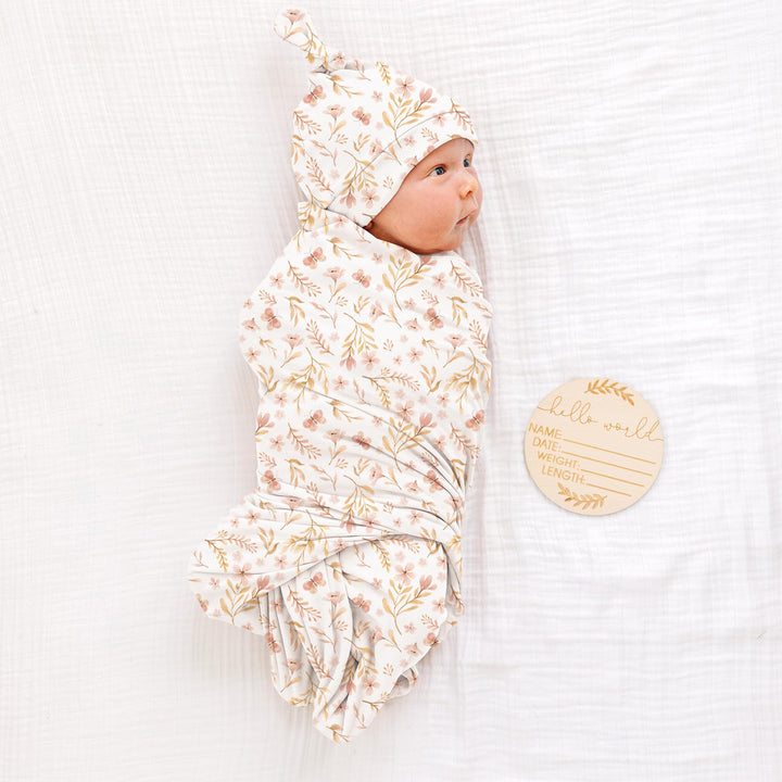 Konssy Newborn Swaddle Blanket with Beanie Hat Set, Baby Receiving Blanket - Pink Spring - image 2