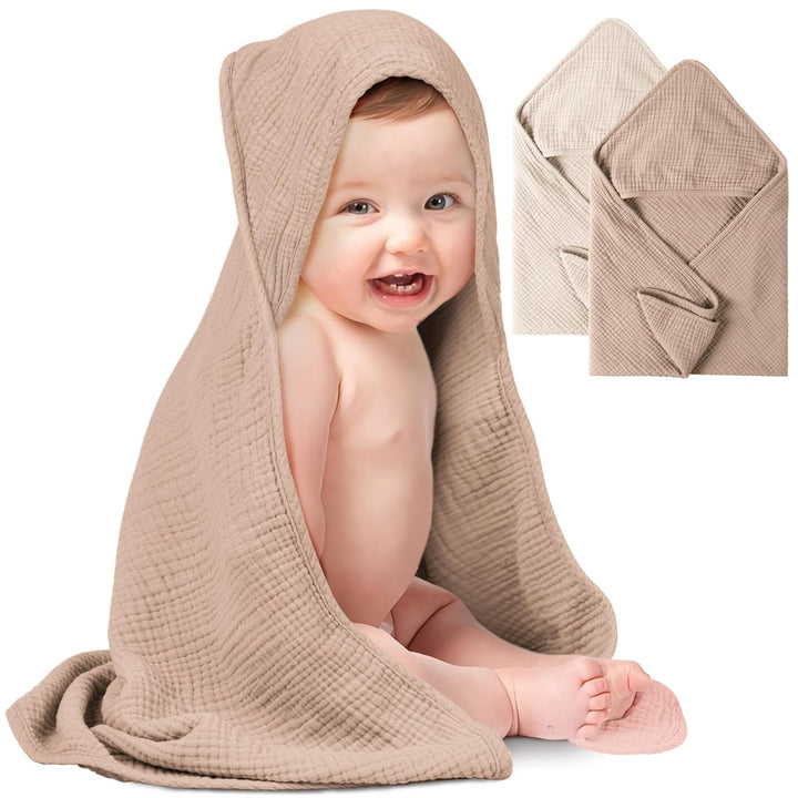 Konssy 2-Pack Muslin Hooded Baby Towels, 100% Cotton, Ultra-Soft & Absorbent Baby Bath Towels with Hood for Newborn & Infant