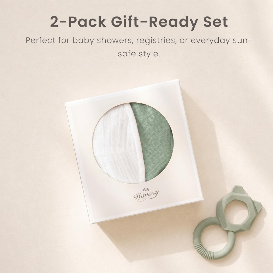 Konssy 2-Pack Muslin Baby Sun Hats for Girls with Bows, UPF 50+ - White Green - image 8