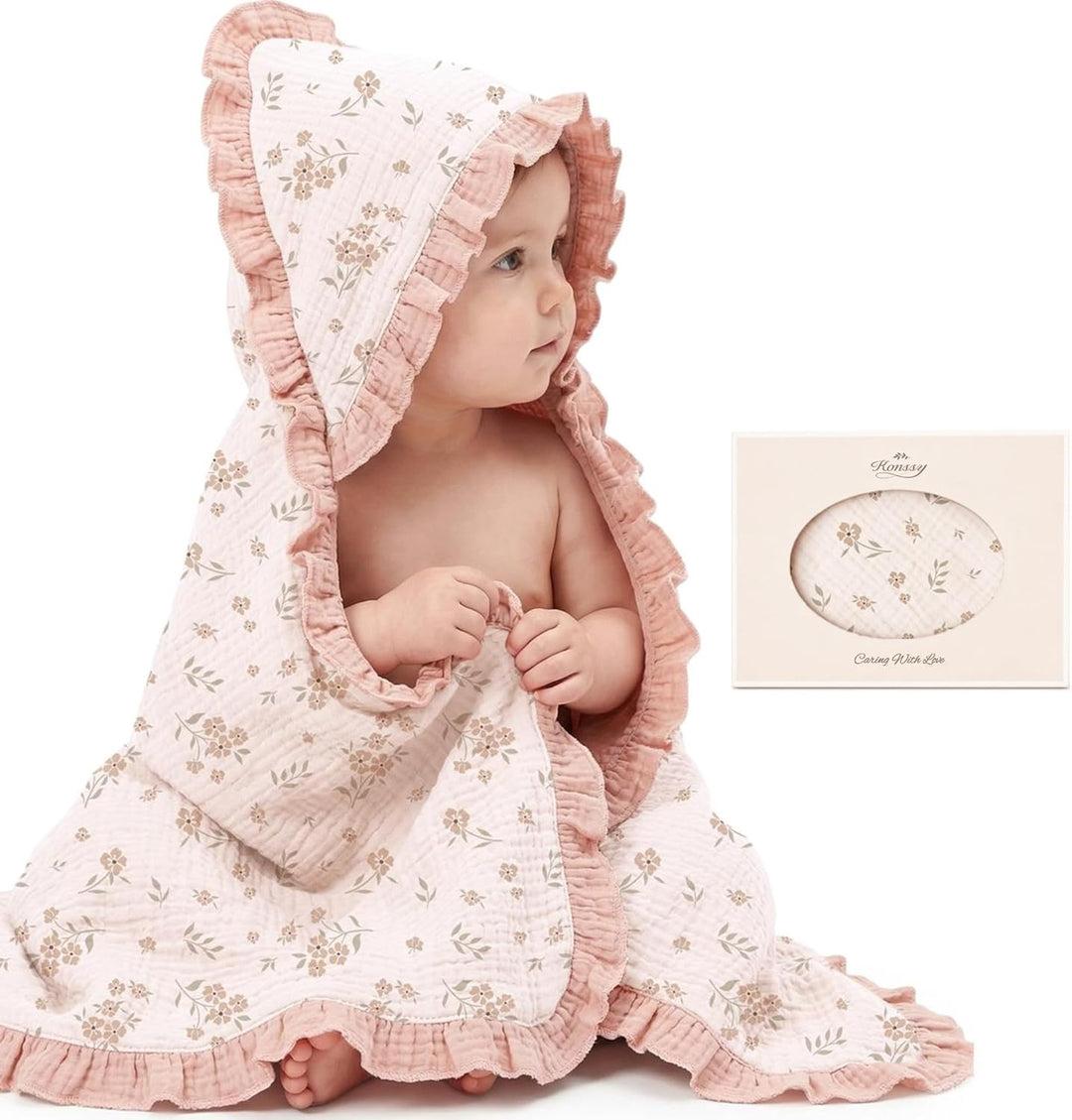 Konssy 100% Muslin Cotton Baby Hooded Towel, Soft Absorbent Bath Towel for Newborns, Infants and Toddlers, Baby Gift and Newborn Essentials with Lace Ruffle Hood - Blossom - B0GY7B1ZLS image 1