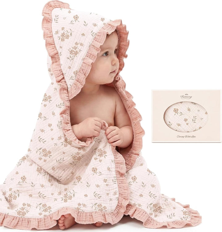 Konssy 100% Muslin Cotton Baby Hooded Towel, Soft Absorbent Bath Towel for Newborns, Infants and Toddlers, Baby Gift and Newborn Essentials with Lace Ruffle Hood - Blossom - B0GY7B1ZLS image 1