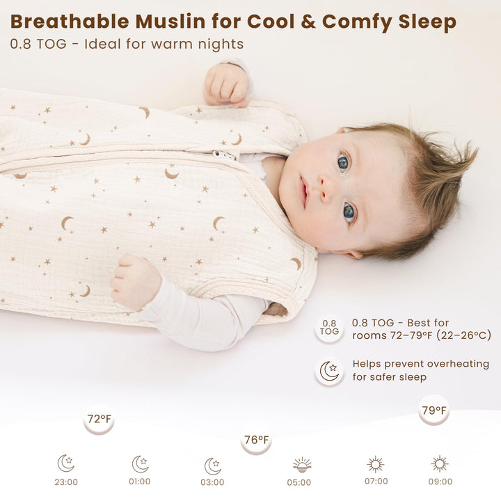 Konssy Muslin Baby Sleep Sack 6-12 Months, 0.8 TOG Baby Wearable Blanket - Moon,Coffee Check - image 4