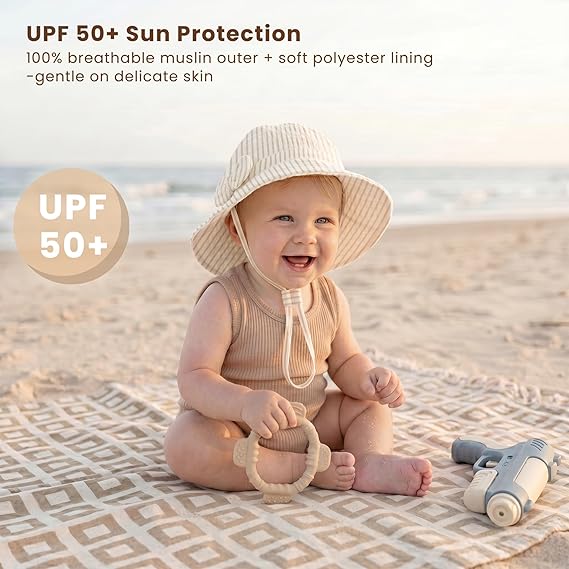 Konssy Muslin Baby Sun Hat 2-Pack, UPF 50+ Sun Protection Wide Brim Summer Beach Hat, Bucket Hat for Girls and Boys