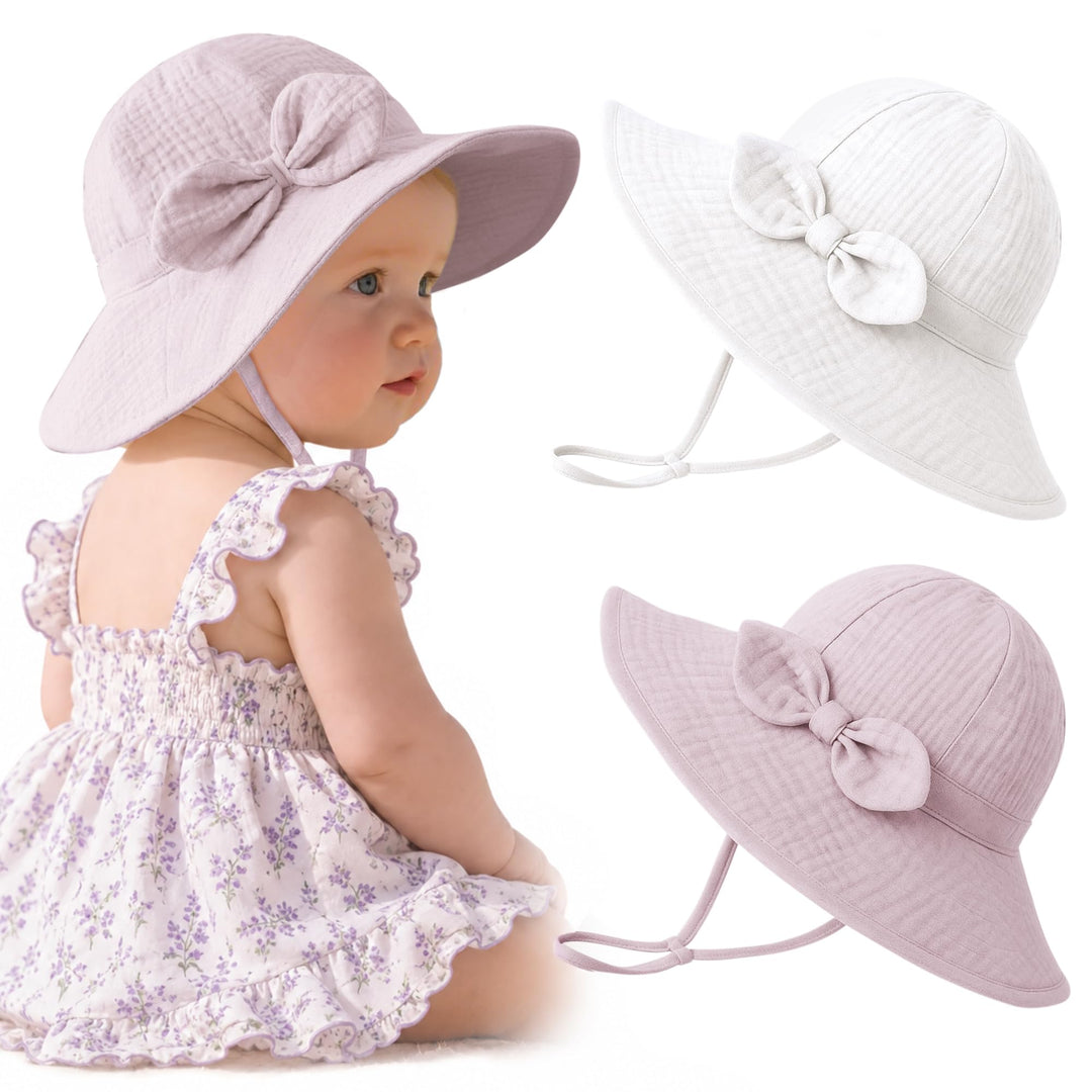 Konssy 2-Pack Muslin Baby Sun Hats for Girls with Bows, UPF 50+ - White Purple - image 1
