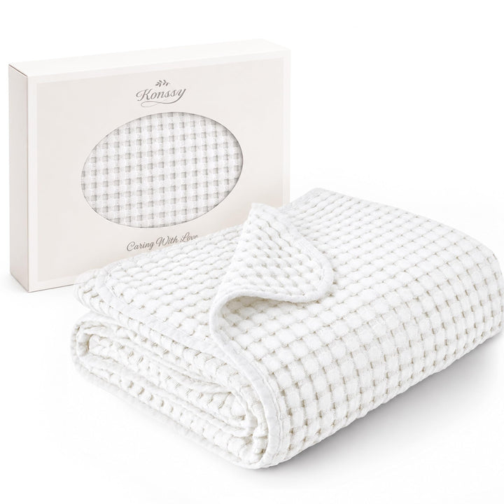 Konssy Waffle Baby Blanket for Boys & Girls, Soft Newborn Swaddle Blanket - White - image 1