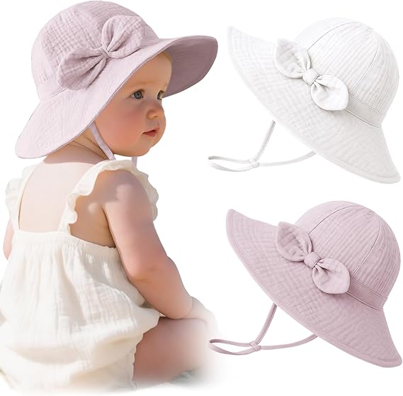 Konssy 2-Pack Muslin Baby Sun Hats for Girls with Bows, UPF 50+/100% Cotton, Sun Protection, Baby Bucket Hat, Adjustable Chin Strap, for Newborn &Infant, 0-6& 6-12 Months