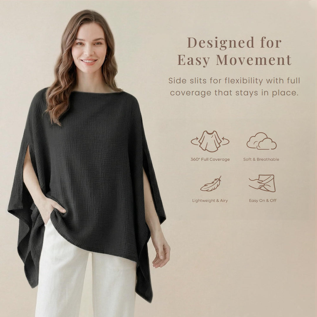 Konssy Muslin Nursing Cover for Women, 360° Full Privacy Poncho - Black - image 3