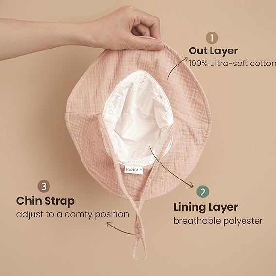 Konssy 2 Pack Muslin Baby Sun Hat UPF 50+ Sun Protection Baby Bucket Hat Summer Beach Hats with Wide Brim for Boys & Girls