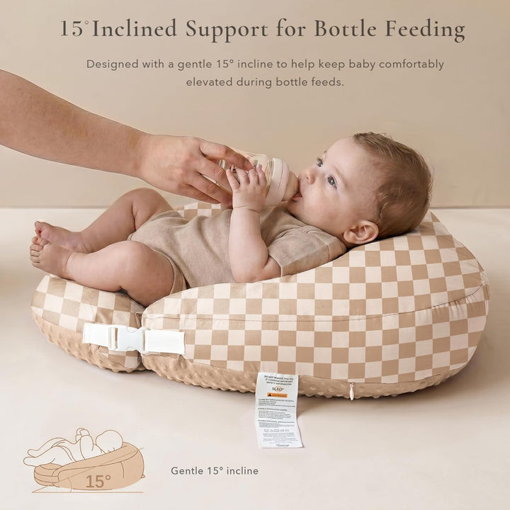 Konssy Nursing Pillow for Breastfeeding and Bottle Feeding, Safety Guard Baby Feeding Pillow, Gentle Incline, Waist Strap, Side Pocket for New Moms Home and Travel